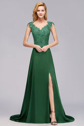Elegant V-Neck Dark Green Lace Bridesmaid dresses with Front-Slit
